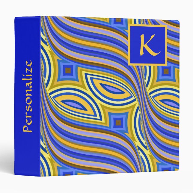 Retro Psychedelic Swirl Blue Yellow Monogram 3 Ring Binder (Front/Spine)