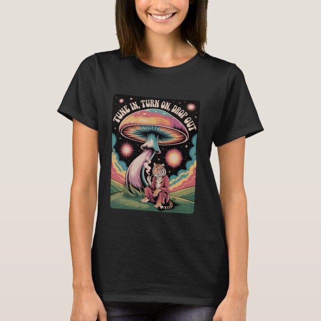 Retro Psychedelic Tiger Mushroom Cosmic Vibes T-Shirt (Front)
