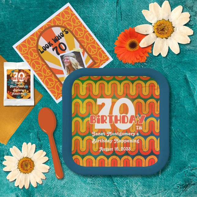 Retro Psychedelic Wave 70th Birthday  Paper Plates (Creator Uploaded)