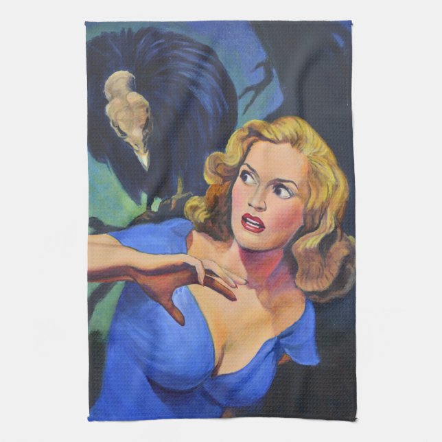 Retro Pulp Horror Tea Towel with Buzzard (Vertical)