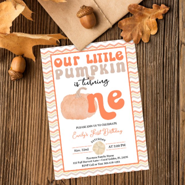 Retro Pumpkin 1st Birthday Invite (Retro Typography Orange Pumpkin Birthday Party)