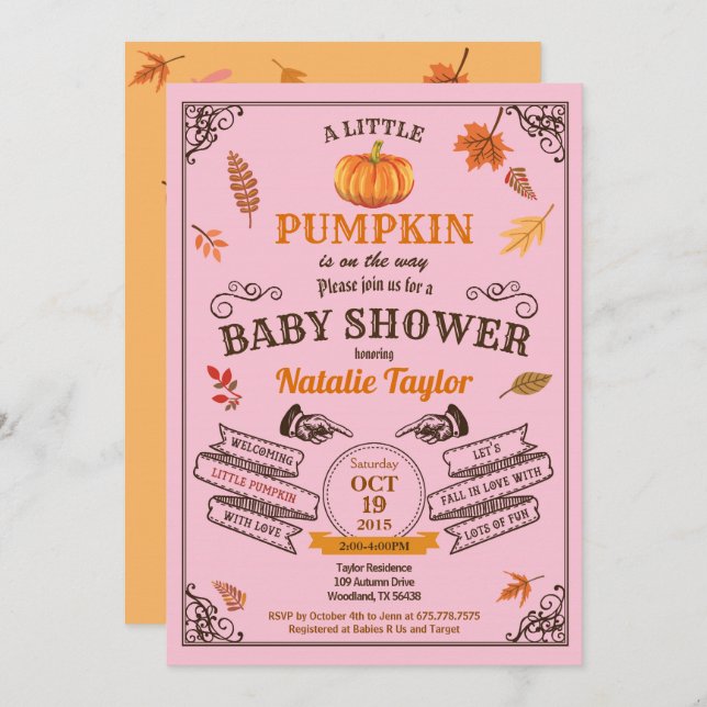 Retro pumpkin baby girl shower invitation (Front/Back)