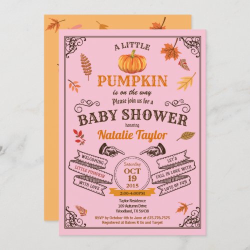 Retro pumpkin baby girl shower invitation