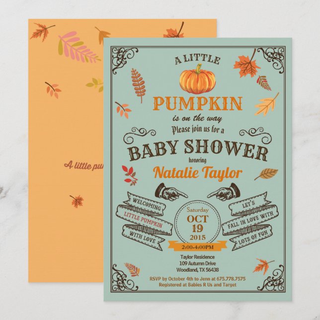 Retro pumpkin baby shower invitation green (Front/Back)