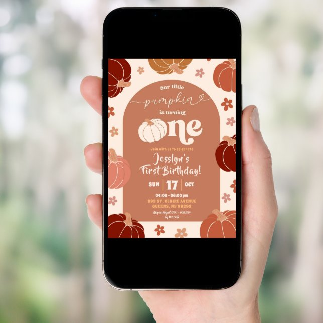 Retro Pumpkin Floral 1st Birthday  Invitation (Front Digital)