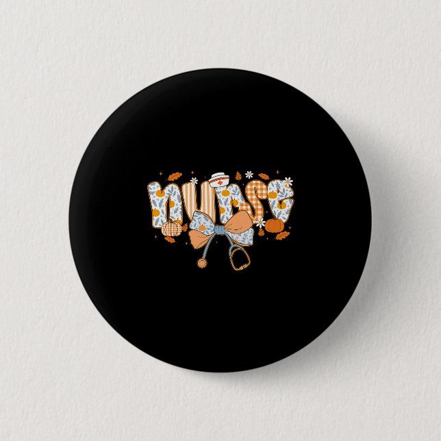Retro Pumpkin Nurse Life Stethoscope Fall Autumn F Button (Front)