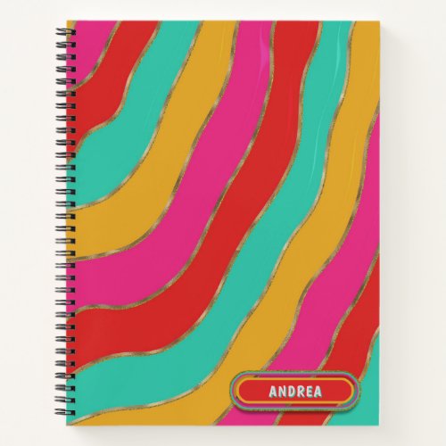 Retro Punch Multicolor Tones Wavy Stripes Add Name Notebook