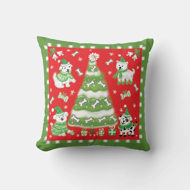 Retro Puppy Dog Christmas Throw Pillow (Front)