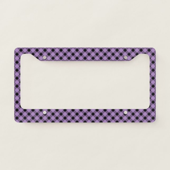 Retro Purple and Black Gingham Plaid Pattern License Plate Frame (Front)