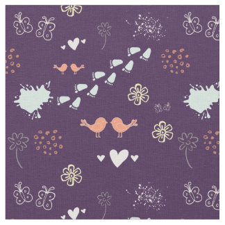 Retro purple and colorful pattern of birds, dots, fabric