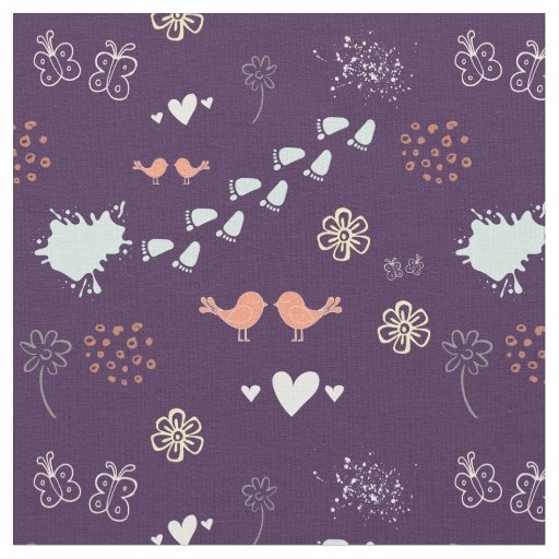 Retro purple and colorful pattern of birds, dots,  fabric