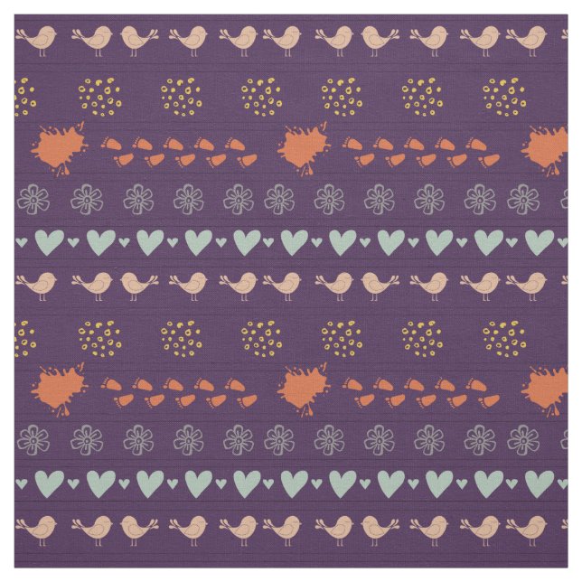 Retro purple and gray pattern of birds, dots, foot fabric (Swatch)
