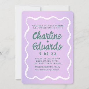 Retro Purple and Green Wavy Handwriting Wedding Invitation