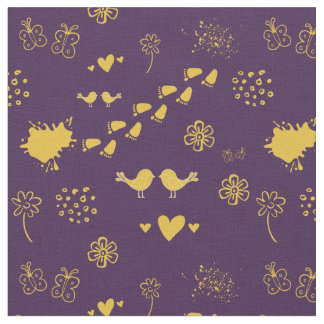 Retro purple and yellow pattern of birds, dots, fabric