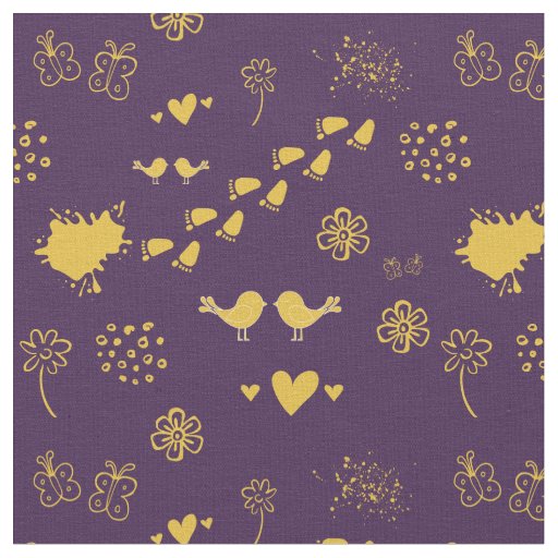 Retro purple and yellow pattern of birds, dots,  fabric