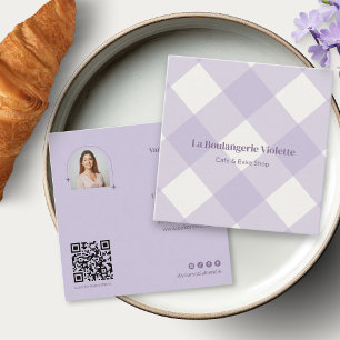 Retro Purple Bakery Gingham QR Code Photo Square Business Card
