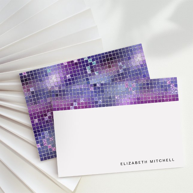 Retro Purple Blue Pink Disco Ball Mirror Monogram Note Card (Glam, disco-inspired note cards)