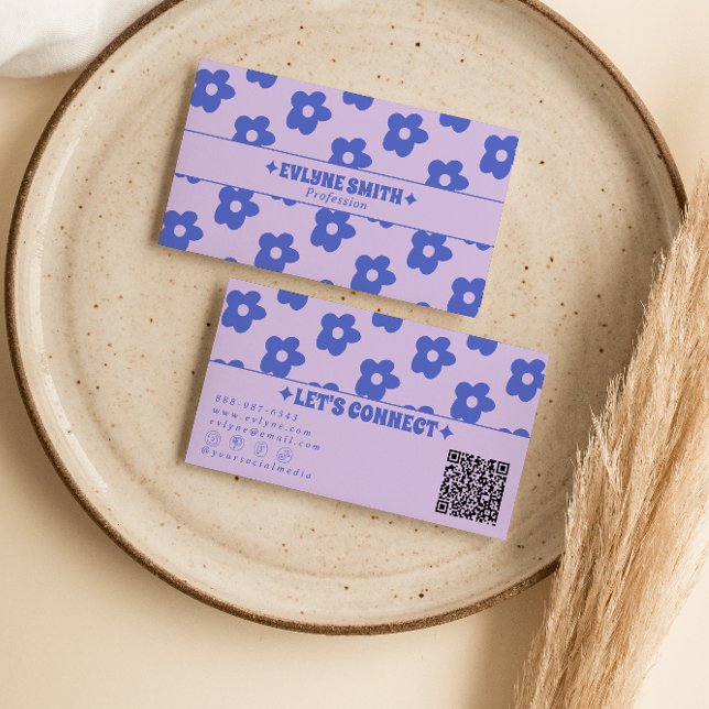 Retro Purple Blue QR Code Groovy Floral Unique Business Card (Creator Uploaded)