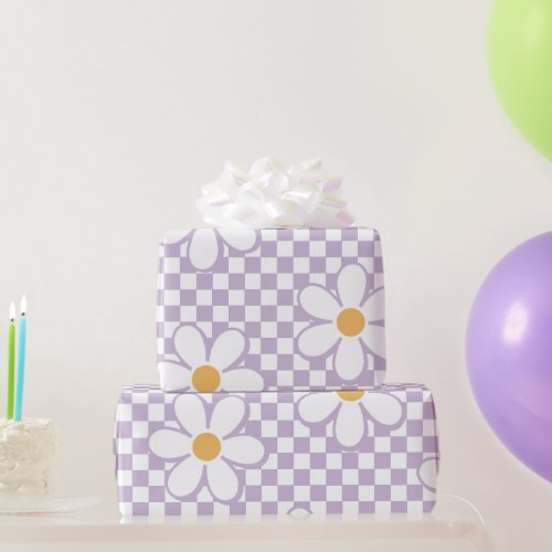 Retro Purple Check and daisy Wrapping Paper