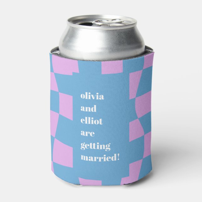 Retro Purple Checkerboard Custom Couples Shower Can Cooler (Can Front)