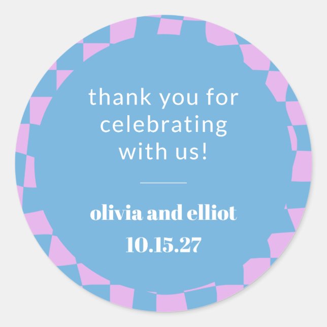 Retro Purple Checkerboard Custom Couples Shower Classic Round Sticker (Front)