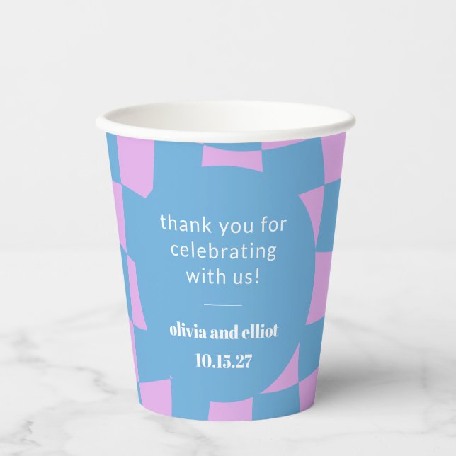 Retro Purple Checkerboard Custom Couples Shower Paper Cups (Front)