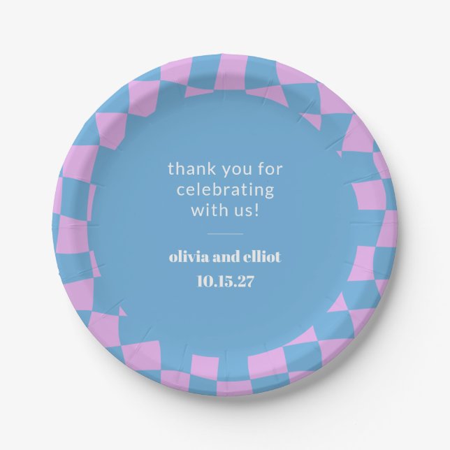 Retro Purple Checkerboard Custom Couples Shower Paper Plates (Front)