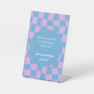 Retro Purple Checkerboard Custom Couples Shower Pedestal Sign