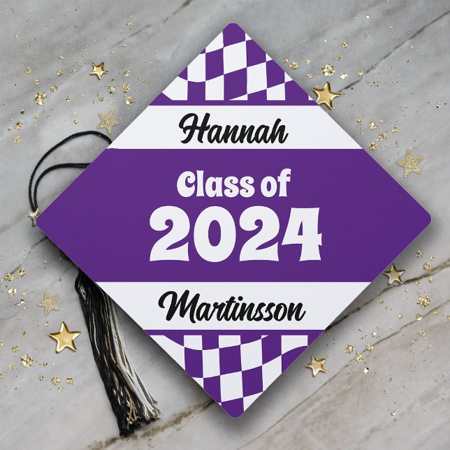 Retro Purple Checkered Class of 2024 Graduation  Cap Topper (Purple and white checkered Class of 2024 retro-style graduation tassel topper)
