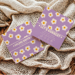 Retro Purple Cream Groovy Floral Trendy Fun Boho Square Business Card
