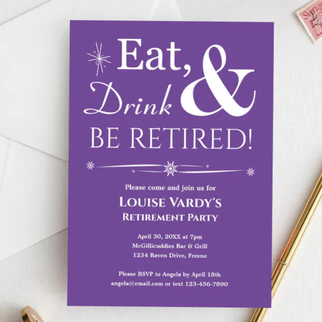 Retro Purple Eat Drink And Be Retired Invitation | Zazzle