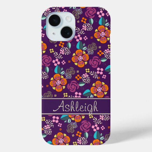 Retro Purple Floral Pattern iPhone 15 Case
