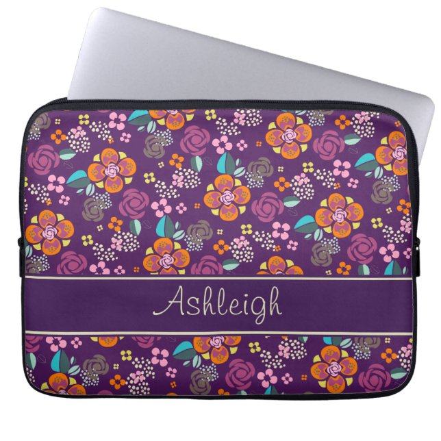 Retro Purple Floral Pattern Laptop Sleeve (Front)