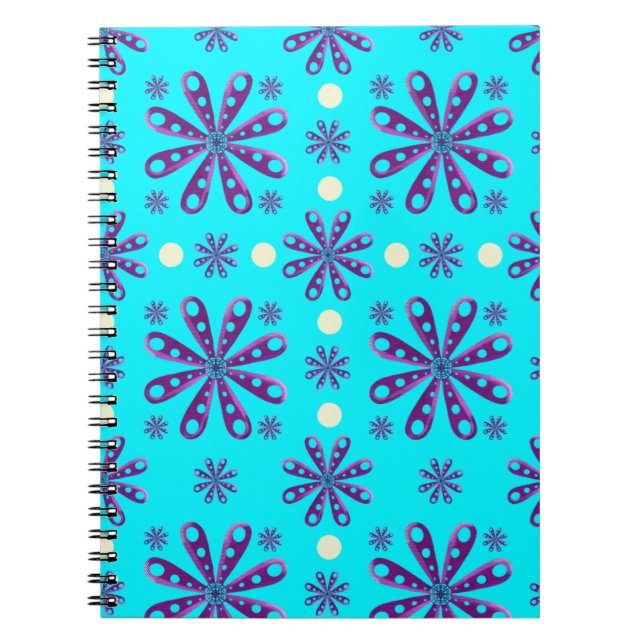 Retro Purple Flowers on Blue Background Notebook (Front)