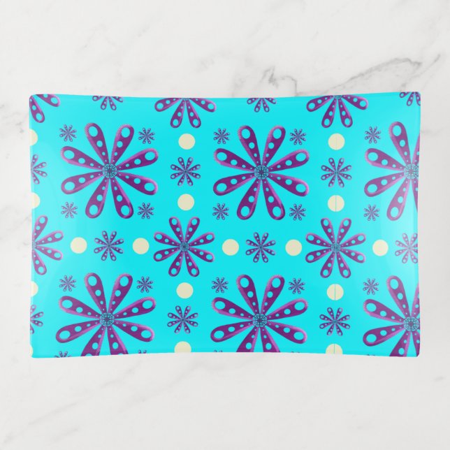 Retro Purple Flowers on Blue Background Trinket Tray (Front)