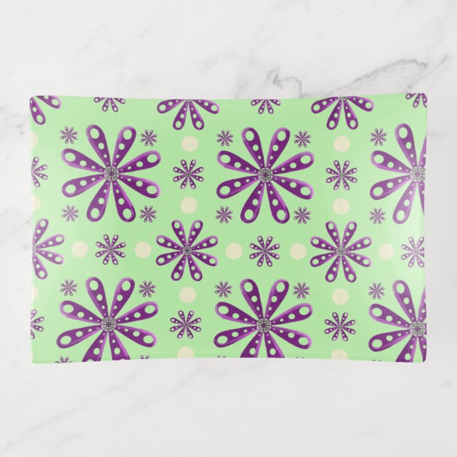 Retro Purple Flowers on Green Background Trinket Tray (Front)