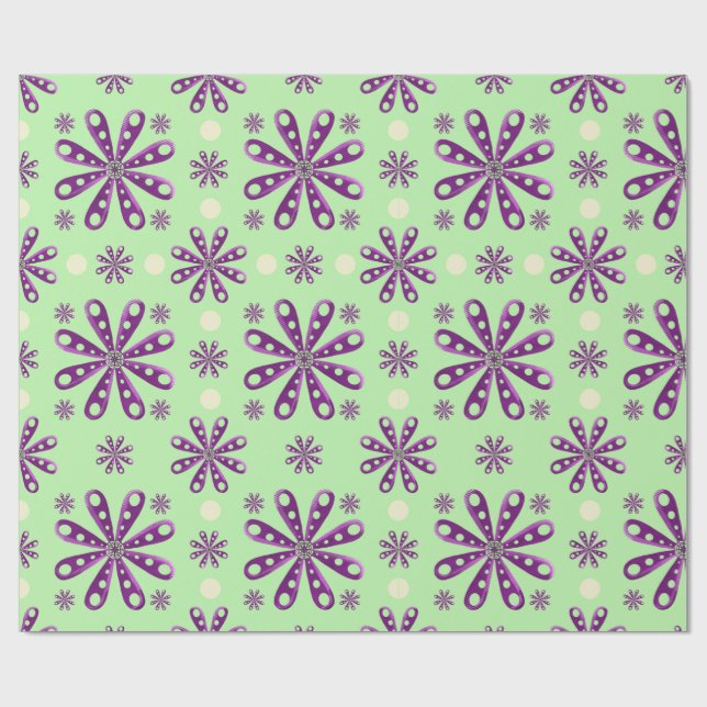 Retro Purple Flowers on Green Background Wrapping Paper (Flat)