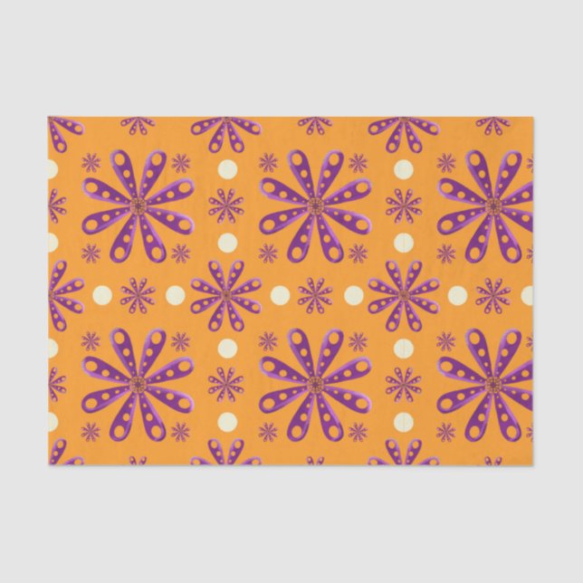 Retro Purple Flowers on Orange Background Tissue Paper (Front)