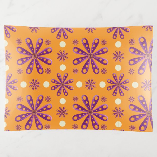 Retro Purple Flowers on Orange Background Trinket Tray (Front)