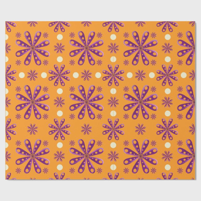 Retro Purple Flowers on Orange Background Wrapping Paper (Flat)