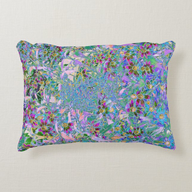 Retro Purple, Green and Blue Wildflowers on Pink Accent Pillow (Front)