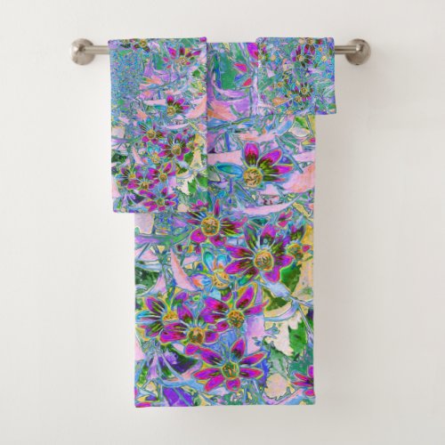 Retro Purple Green and Blue Wildflowers on Pink Bath Towel Set