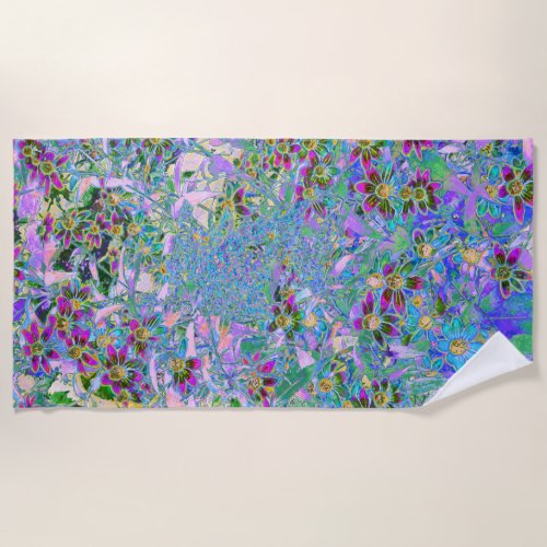 Retro Purple Green and Blue Wildflowers on Pink Beach Towel