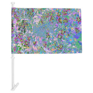 Retro Purple, Green and Blue Wildflowers on Pink Car Flag
