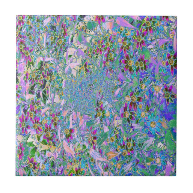 Retro Purple, Green and Blue Wildflowers on Pink Ceramic Tile (Front)