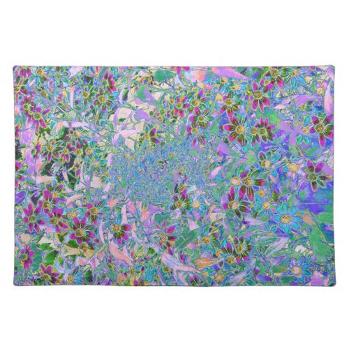 Retro Purple Green and Blue Wildflowers on Pink Cloth Placemat