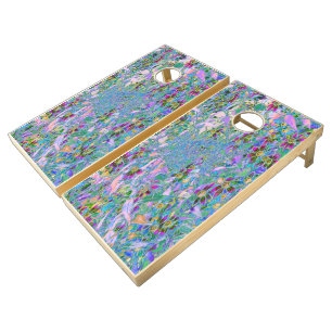 Retro Purple, Green and Blue Wildflowers on Pink Cornhole Set