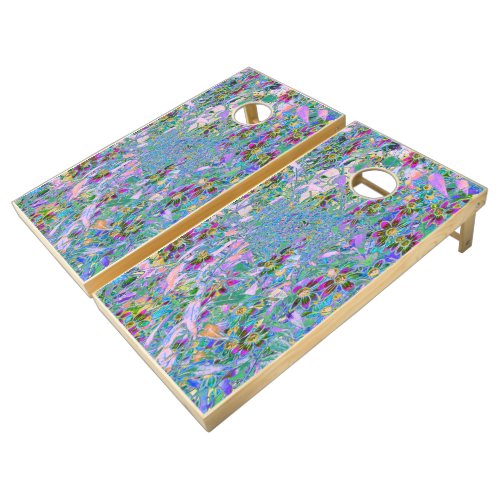 Retro Purple Green and Blue Wildflowers on Pink Cornhole Set