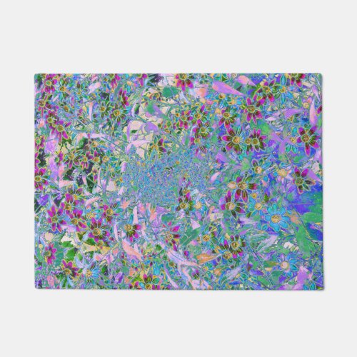 Retro Purple Green and Blue Wildflowers on Pink Doormat