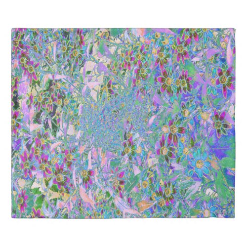 Retro Purple Green and Blue Wildflowers on Pink Duvet Cover